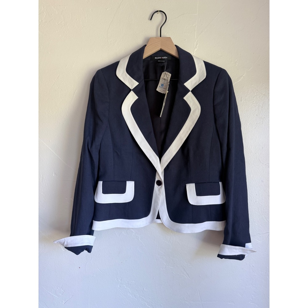 Ellen Tracy Vintage Nautical Blazer Navy Blue White‎ Trim Linen Cotton Jacket 4